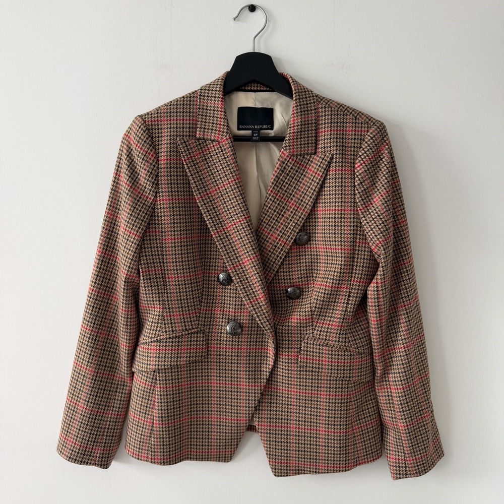 Banana Republic Petite 6P Double Breasted Houndstooth Plaid Blazer Brown Red